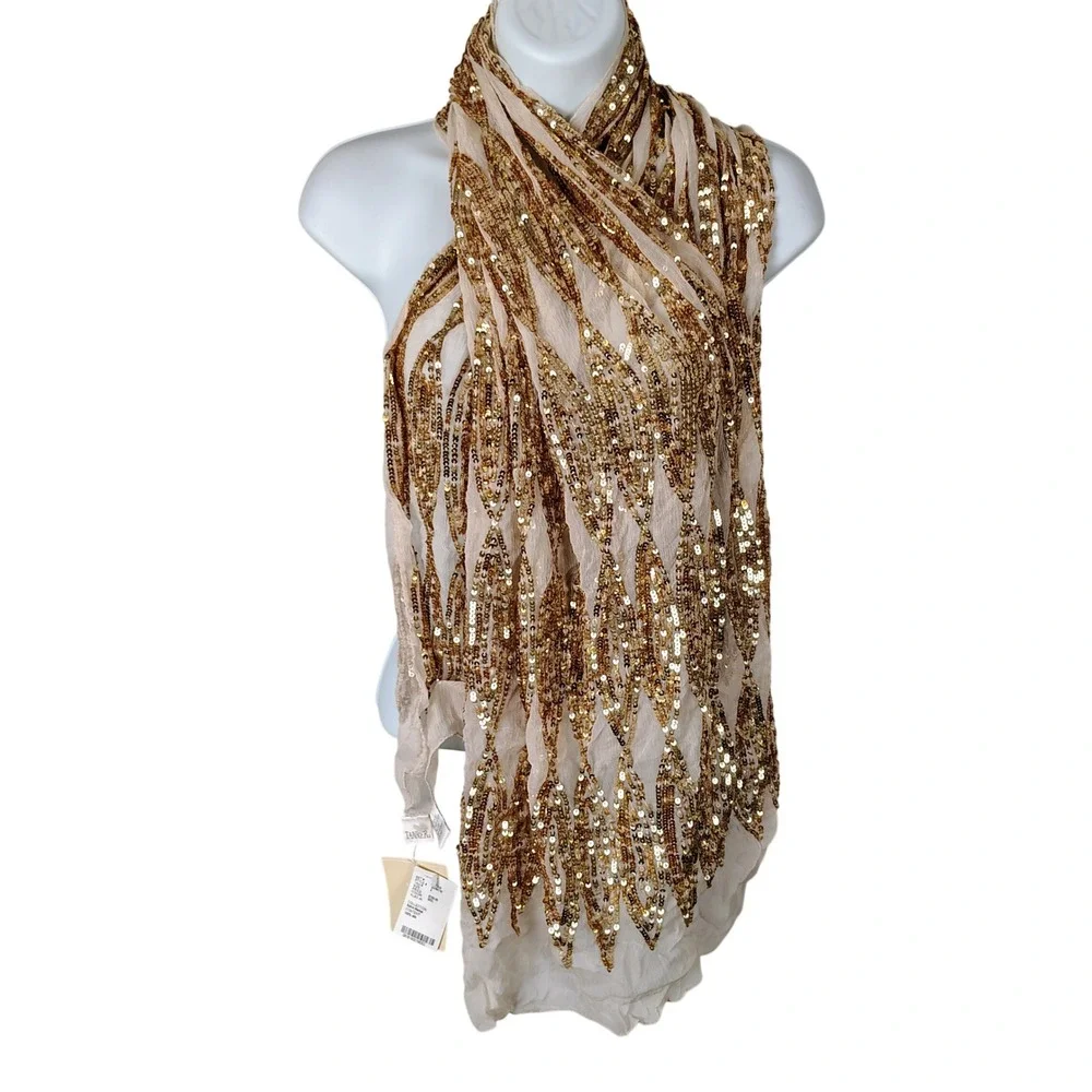 Elana  Gold Sequin 100% Silk Scarf Wrap Spice Market Cream Arabian princess